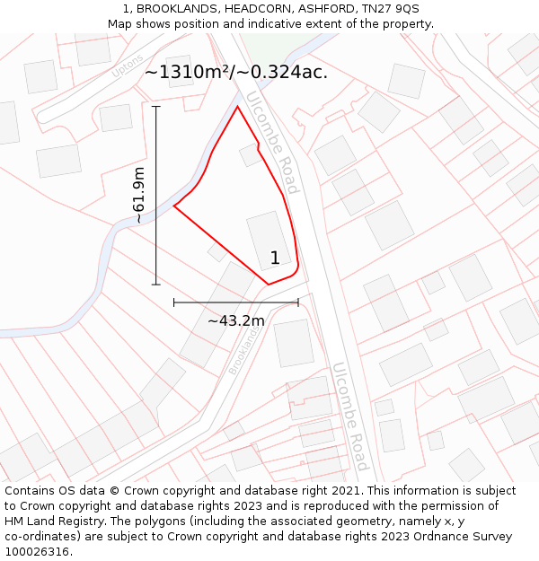 1, BROOKLANDS, HEADCORN, ASHFORD, TN27 9QS: Plot and title map
