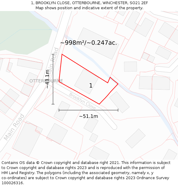 1, BROOKLYN CLOSE, OTTERBOURNE, WINCHESTER, SO21 2EF: Plot and title map