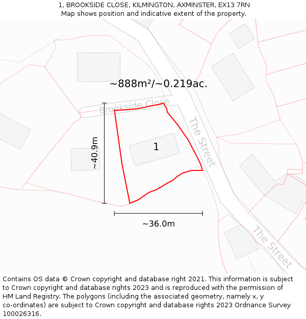 1, BROOKSIDE CLOSE, KILMINGTON, AXMINSTER, EX13 7RN: Plot and title map