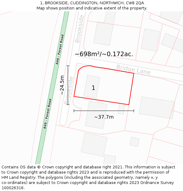 1, BROOKSIDE, CUDDINGTON, NORTHWICH, CW8 2QA: Plot and title map
