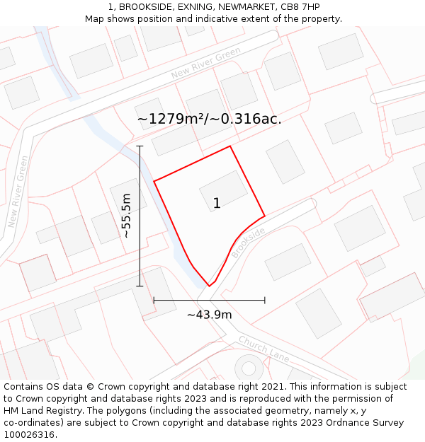 1, BROOKSIDE, EXNING, NEWMARKET, CB8 7HP: Plot and title map