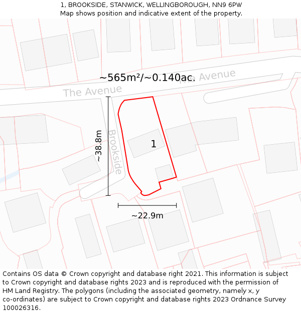 1, BROOKSIDE, STANWICK, WELLINGBOROUGH, NN9 6PW: Plot and title map