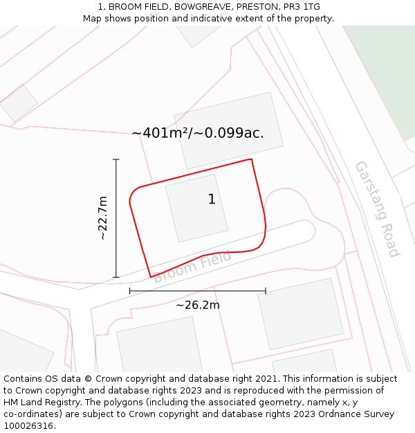 1, BROOM FIELD, BOWGREAVE, PRESTON, PR3 1TG: Plot and title map