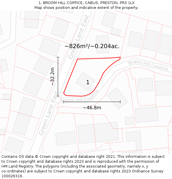 1, BROOM HILL COPPICE, CABUS, PRESTON, PR3 1LX: Plot and title map