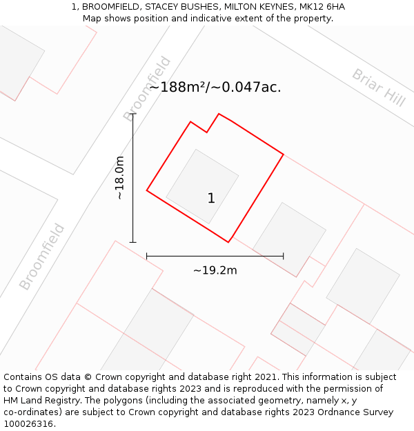 1, BROOMFIELD, STACEY BUSHES, MILTON KEYNES, MK12 6HA: Plot and title map