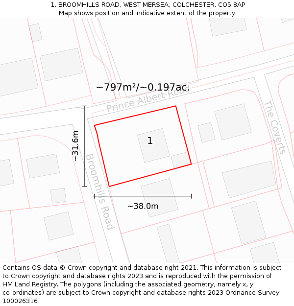 1, BROOMHILLS ROAD, WEST MERSEA, COLCHESTER, CO5 8AP: Plot and title map