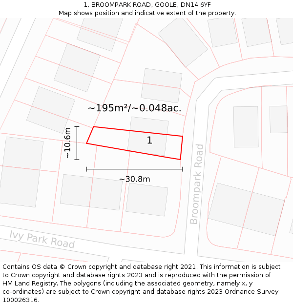 1, BROOMPARK ROAD, GOOLE, DN14 6YF: Plot and title map