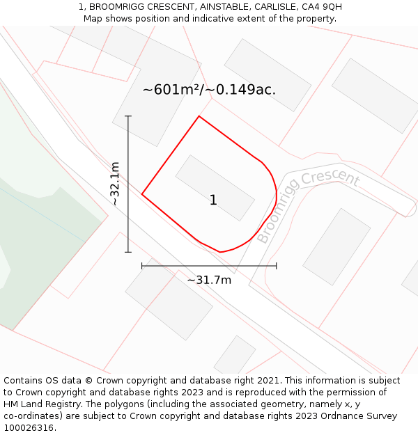 1, BROOMRIGG CRESCENT, AINSTABLE, CARLISLE, CA4 9QH: Plot and title map