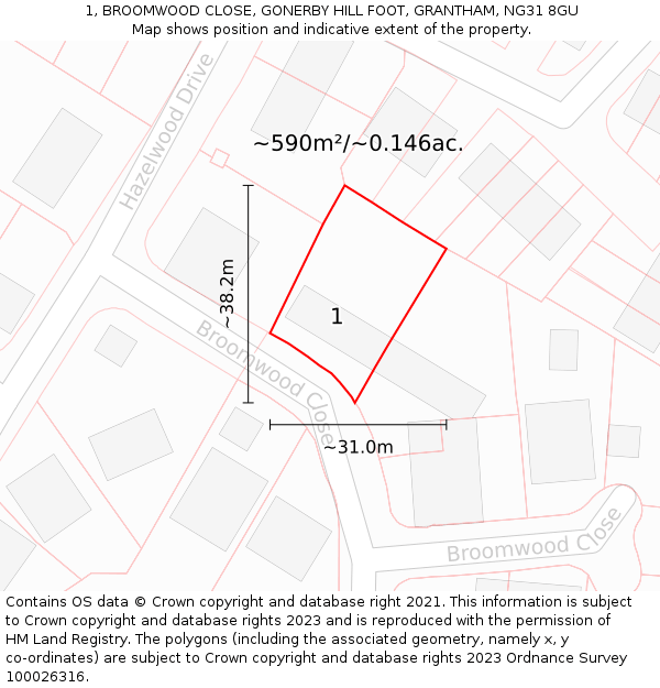 1, BROOMWOOD CLOSE, GONERBY HILL FOOT, GRANTHAM, NG31 8GU: Plot and title map