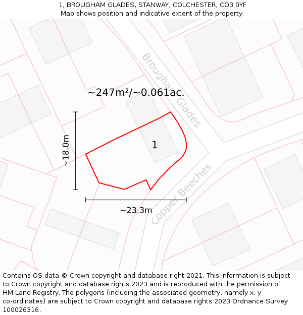 1, BROUGHAM GLADES, STANWAY, COLCHESTER, CO3 0YF: Plot and title map