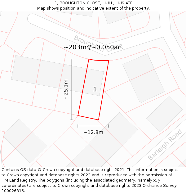 1, BROUGHTON CLOSE, HULL, HU9 4TF: Plot and title map