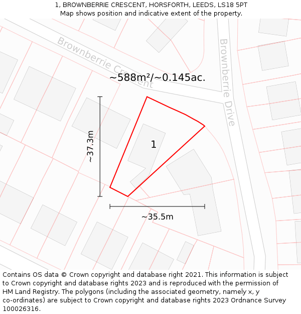 1, BROWNBERRIE CRESCENT, HORSFORTH, LEEDS, LS18 5PT: Plot and title map