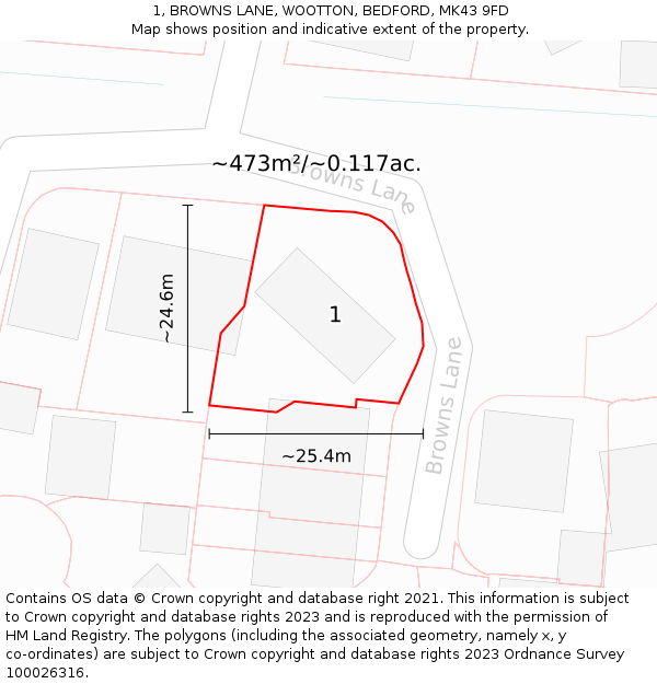 1, BROWNS LANE, WOOTTON, BEDFORD, MK43 9FD: Plot and title map