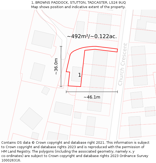 1, BROWNS PADDOCK, STUTTON, TADCASTER, LS24 9UQ: Plot and title map