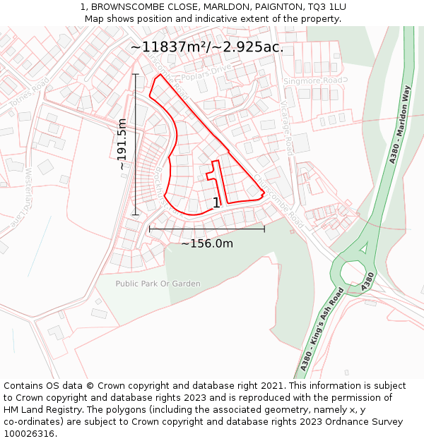 1, BROWNSCOMBE CLOSE, MARLDON, PAIGNTON, TQ3 1LU: Plot and title map