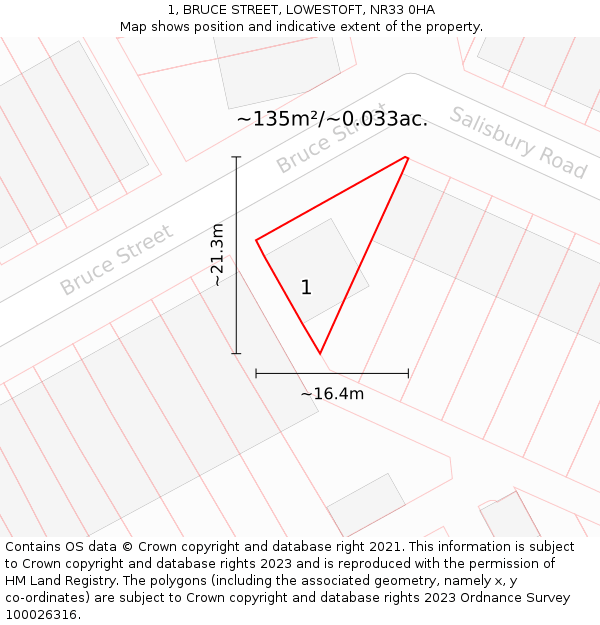 1, BRUCE STREET, LOWESTOFT, NR33 0HA: Plot and title map