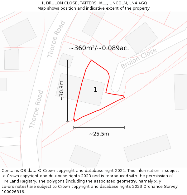 1, BRULON CLOSE, TATTERSHALL, LINCOLN, LN4 4GQ: Plot and title map