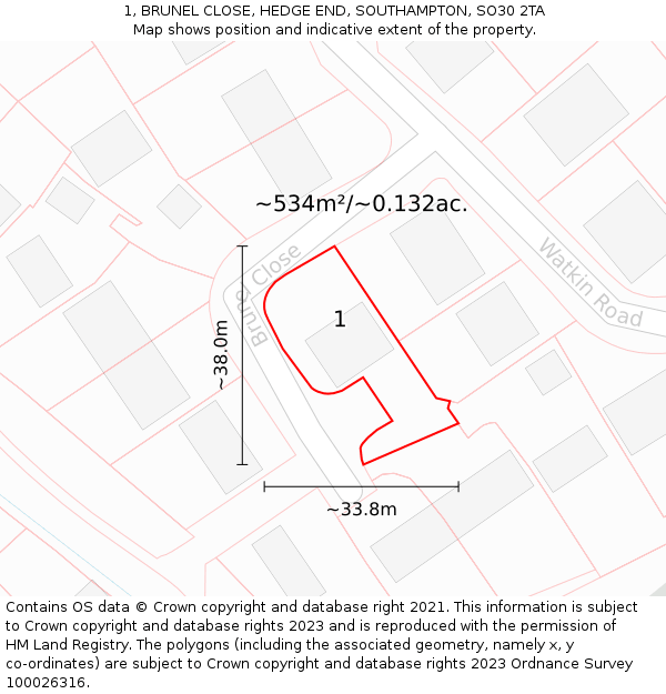 1, BRUNEL CLOSE, HEDGE END, SOUTHAMPTON, SO30 2TA: Plot and title map