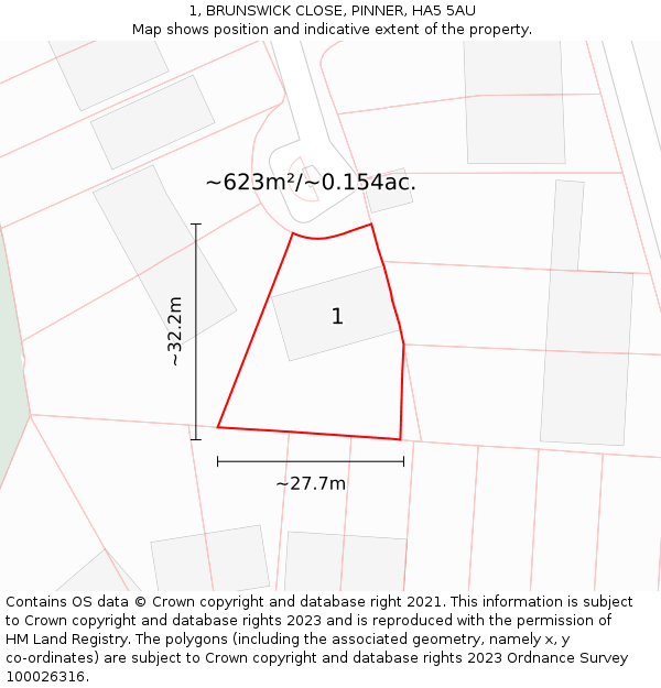 1, BRUNSWICK CLOSE, PINNER, HA5 5AU: Plot and title map