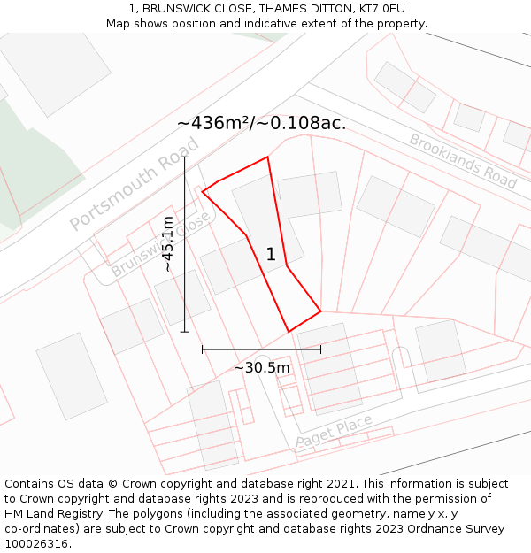1, BRUNSWICK CLOSE, THAMES DITTON, KT7 0EU: Plot and title map