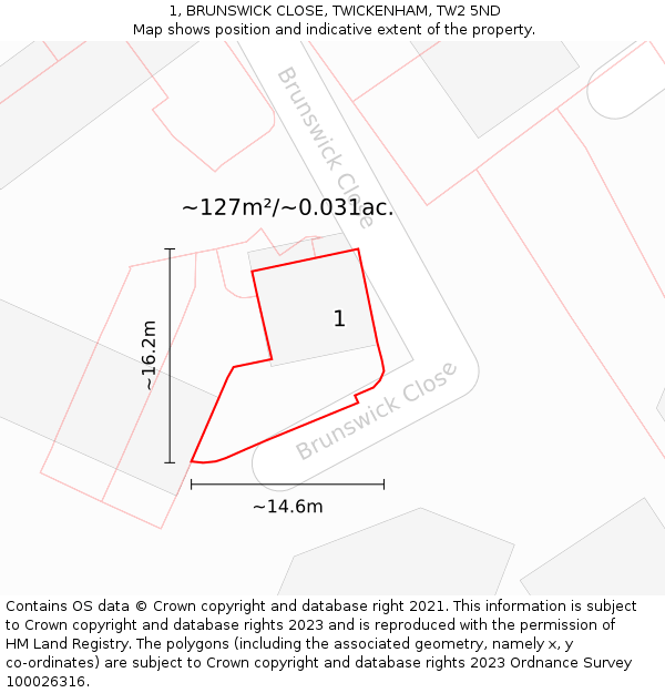 1, BRUNSWICK CLOSE, TWICKENHAM, TW2 5ND: Plot and title map