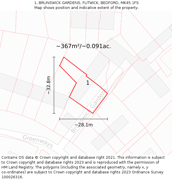 1, BRUNSWICK GARDENS, FLITWICK, BEDFORD, MK45 1FS: Plot and title map