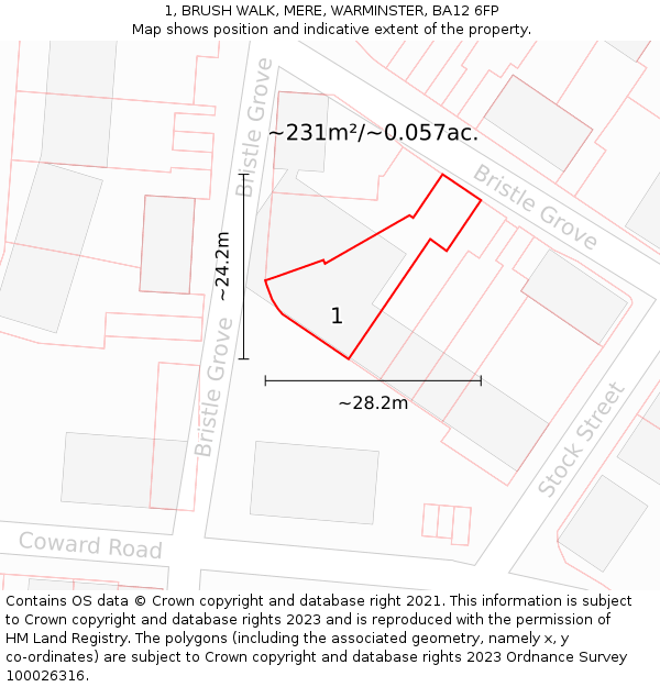1, BRUSH WALK, MERE, WARMINSTER, BA12 6FP: Plot and title map