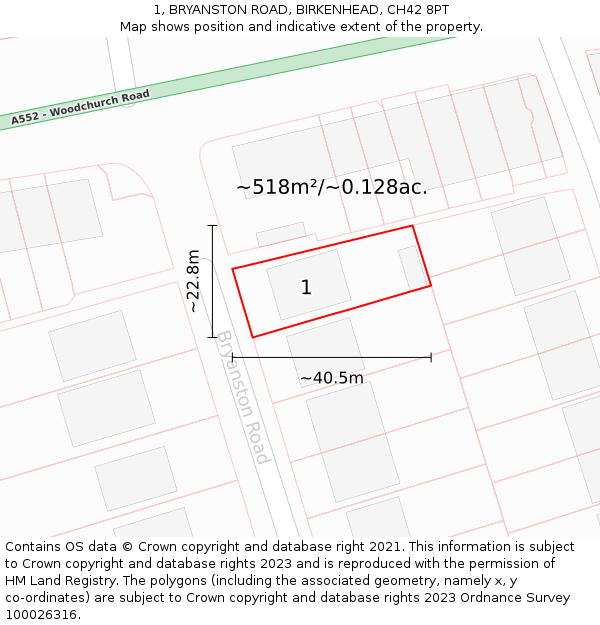 1, BRYANSTON ROAD, BIRKENHEAD, CH42 8PT: Plot and title map
