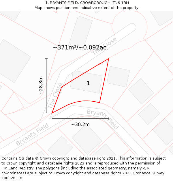 1, BRYANTS FIELD, CROWBOROUGH, TN6 1BH: Plot and title map
