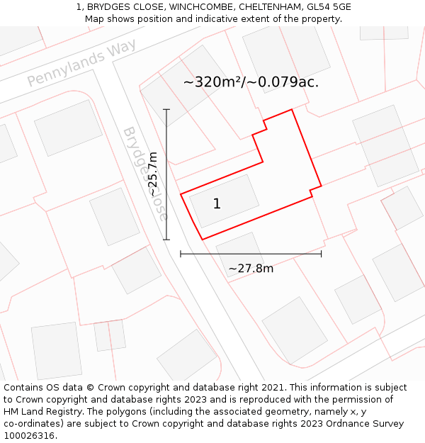 1, BRYDGES CLOSE, WINCHCOMBE, CHELTENHAM, GL54 5GE: Plot and title map