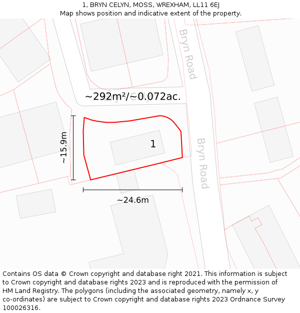 1, BRYN CELYN, MOSS, WREXHAM, LL11 6EJ: Plot and title map