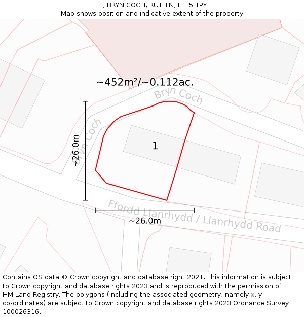 1, BRYN COCH, RUTHIN, LL15 1PY: Plot and title map