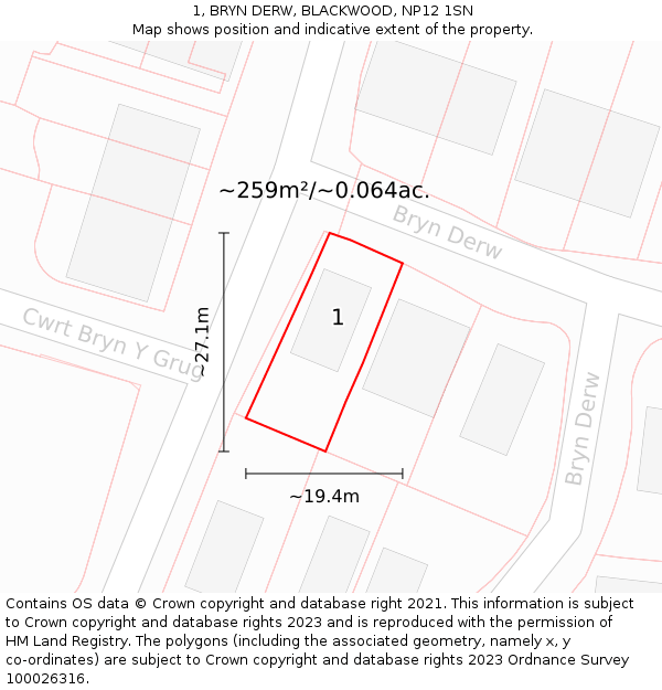 1, BRYN DERW, BLACKWOOD, NP12 1SN: Plot and title map
