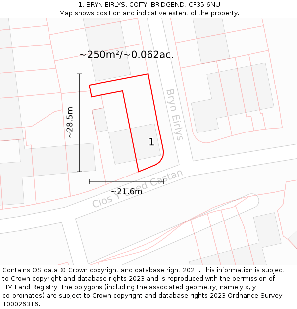 1, BRYN EIRLYS, COITY, BRIDGEND, CF35 6NU: Plot and title map