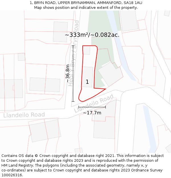1, BRYN ROAD, UPPER BRYNAMMAN, AMMANFORD, SA18 1AU: Plot and title map