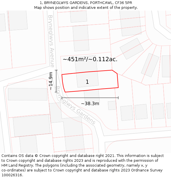 1, BRYNEGLWYS GARDENS, PORTHCAWL, CF36 5PR: Plot and title map