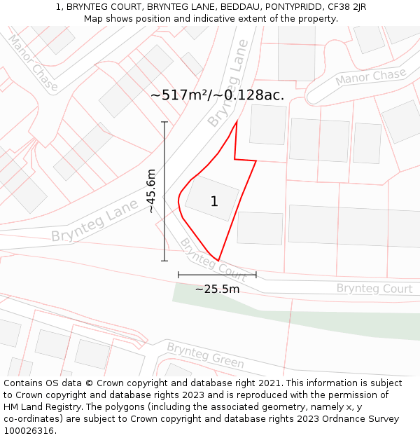 1, BRYNTEG COURT, BRYNTEG LANE, BEDDAU, PONTYPRIDD, CF38 2JR: Plot and title map