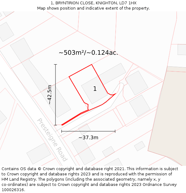 1, BRYNTIRION CLOSE, KNIGHTON, LD7 1HX: Plot and title map