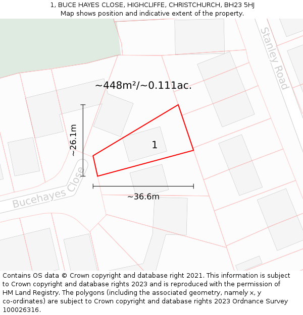 1, BUCE HAYES CLOSE, HIGHCLIFFE, CHRISTCHURCH, BH23 5HJ: Plot and title map