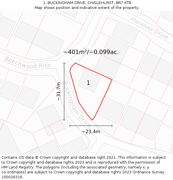 1, BUCKINGHAM DRIVE, CHISLEHURST, BR7 6TB: Plot and title map