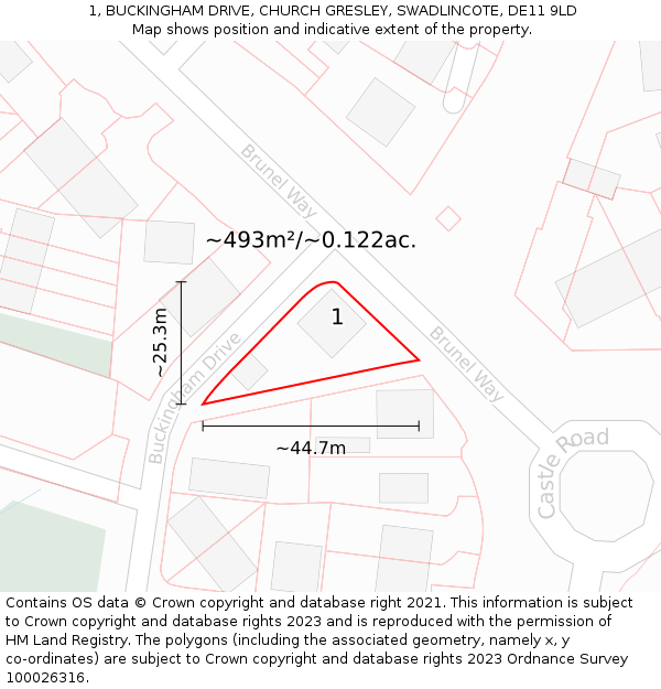 1, BUCKINGHAM DRIVE, CHURCH GRESLEY, SWADLINCOTE, DE11 9LD: Plot and title map