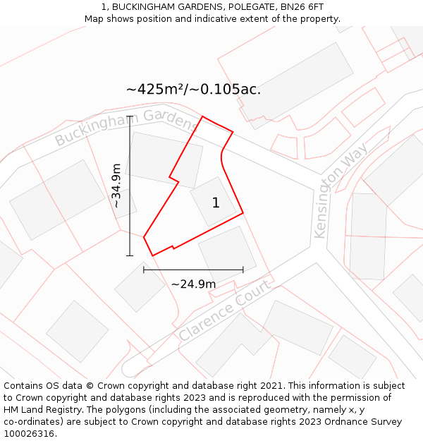 1, BUCKINGHAM GARDENS, POLEGATE, BN26 6FT: Plot and title map