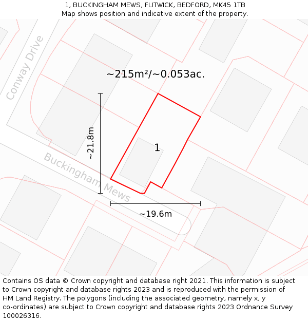 1, BUCKINGHAM MEWS, FLITWICK, BEDFORD, MK45 1TB: Plot and title map