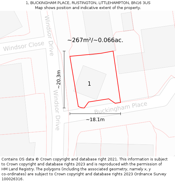 1, BUCKINGHAM PLACE, RUSTINGTON, LITTLEHAMPTON, BN16 3US: Plot and title map