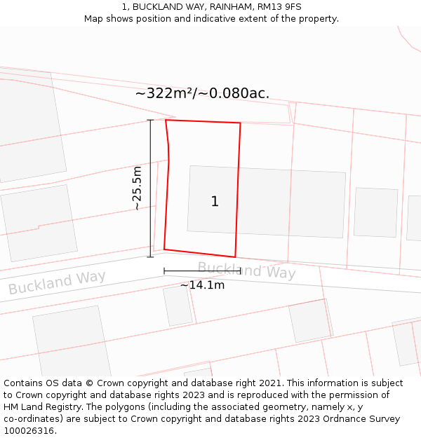 1, BUCKLAND WAY, RAINHAM, RM13 9FS: Plot and title map