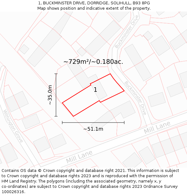 1, BUCKMINSTER DRIVE, DORRIDGE, SOLIHULL, B93 8PG: Plot and title map