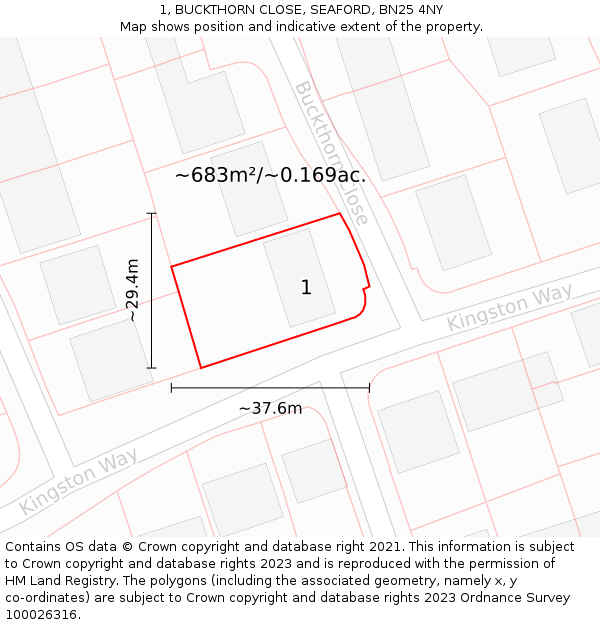 1, BUCKTHORN CLOSE, SEAFORD, BN25 4NY: Plot and title map