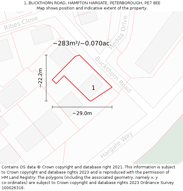1, BUCKTHORN ROAD, HAMPTON HARGATE, PETERBOROUGH, PE7 8EE: Plot and title map