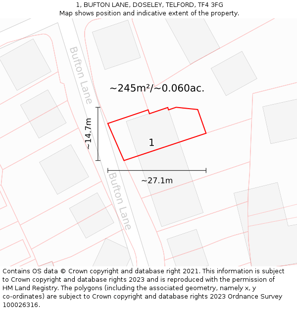 1, BUFTON LANE, DOSELEY, TELFORD, TF4 3FG: Plot and title map