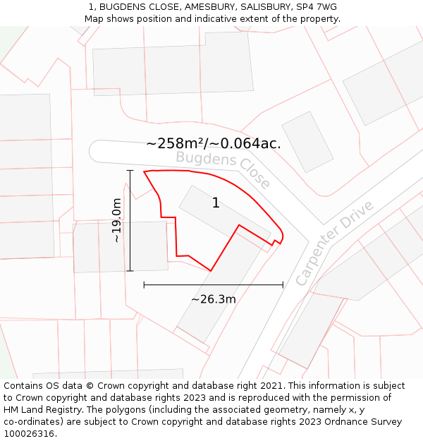 1, BUGDENS CLOSE, AMESBURY, SALISBURY, SP4 7WG: Plot and title map